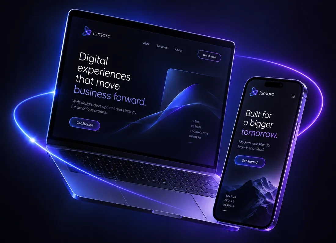 A Lumarc website shown on a laptop and a phone, glowing in blue and violet