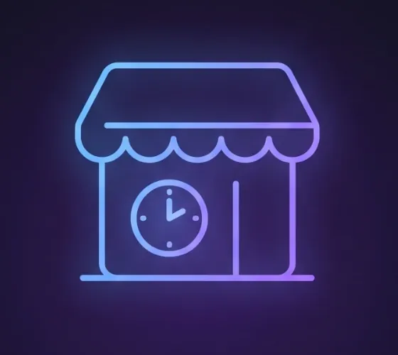 A glowing storefront icon with a clock: your website works 24/7