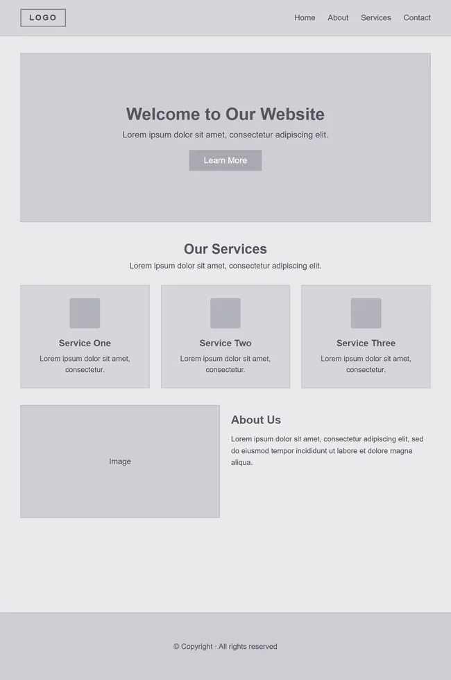 A generic website template: gray boxes, Welcome to Our Website, and three identical service columns